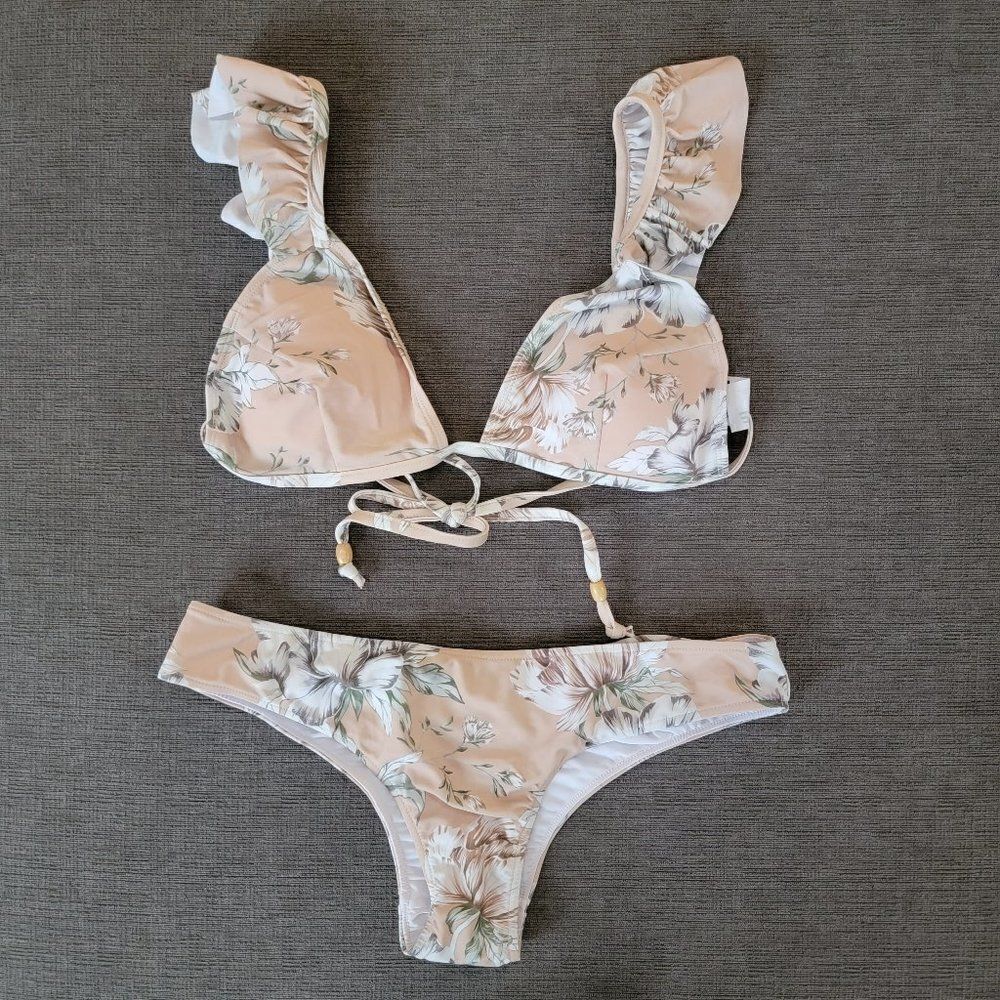 Jaase Women's Beige Floral Ruffle Strap Two Piece Bikini Set Top & Bottom Size M